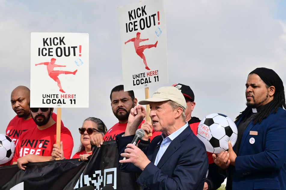 California gubernatorial candidate Tom Steyer speaks as he joins SoFi Stadium workers at their protest on May 18, 2026.