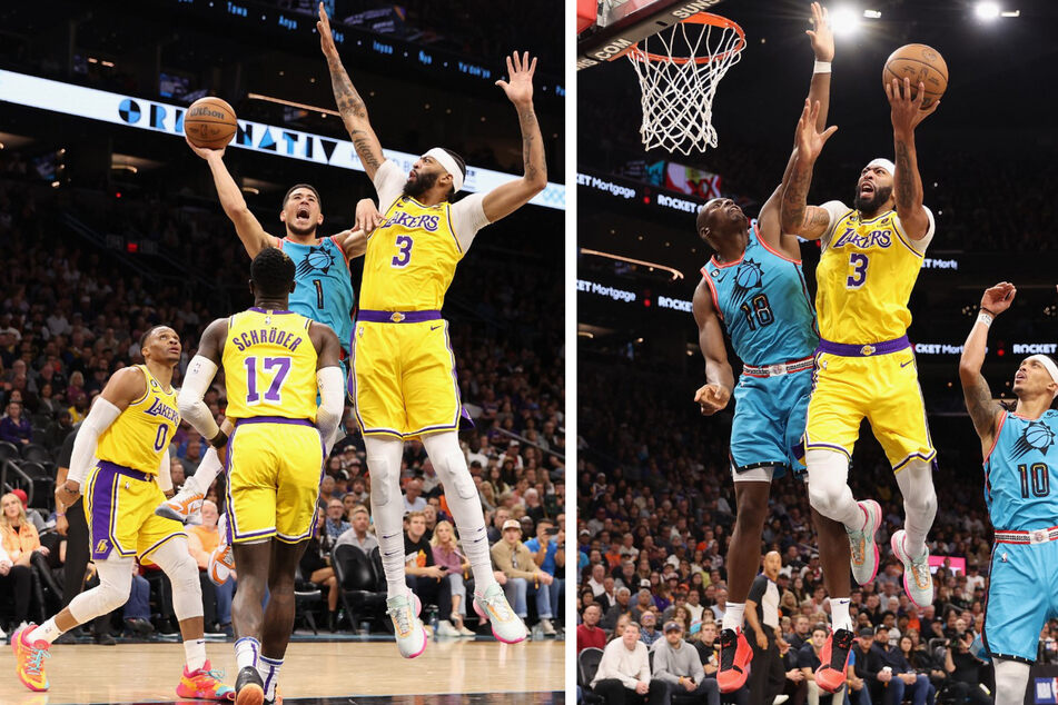 Left: Devin Booker of the Phoenix Suns attempts a shot against Anthony Davis and Dennis Schroder of the Los Angeles Lakers. Right: Anthony Davis of the Los Angeles Lakers attempts a shot against Bismack Biyombo of the Phoenix Suns.