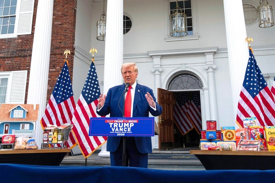 Donald Trump speaking during a news conference outside the Trump National Golf Club Bedminster on August 15, 2024, in Bedminster, New Jersey.