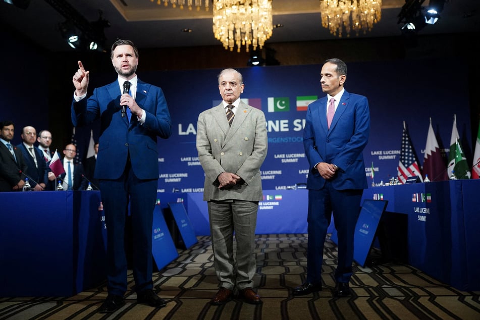 Vice President JD Vance (L) makes an opening statement next to Pakistan's Prime Minister Shehbaz Sharif (C) and Qatar's Prime Minister and Minister for Foreign Affairs Sheikh Mohammed bin Abdulrahman bin Jassim Al-Thani at the start of a quadrilateral meeting between the US, Iran, Pakistan and Qatar in Switzerland on Sunday.
