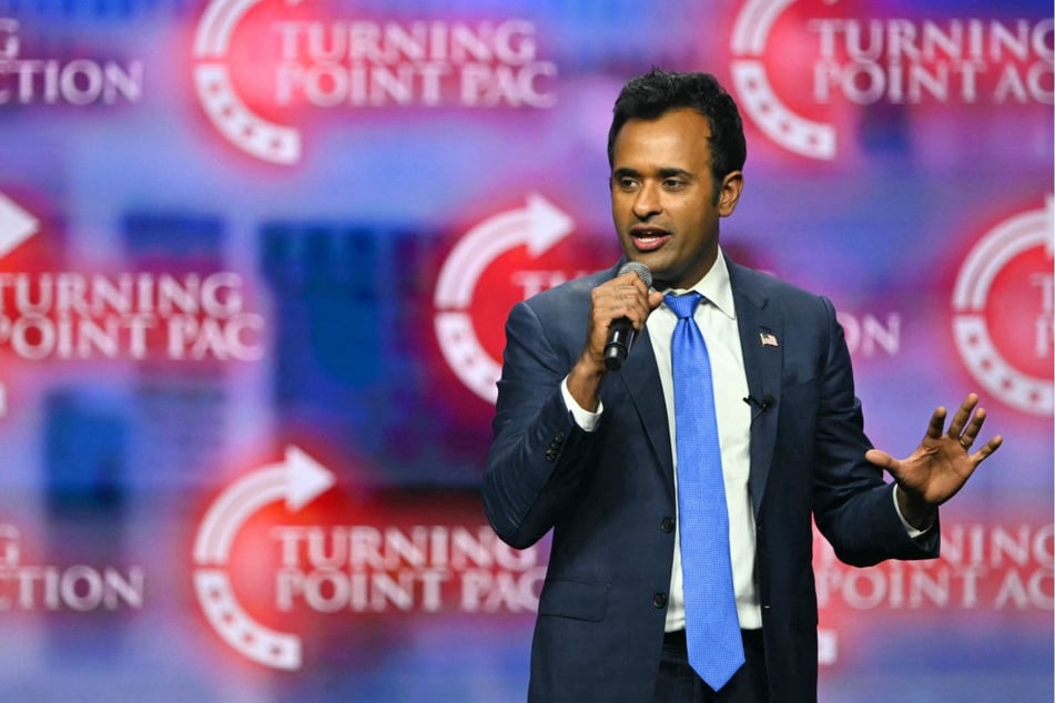 Vivek Ramaswamy speaks during a Turning Point Action rally for Donald Trump in Las Vegas, Nevada, on October 24, 2024. On Sunday, The Plain Dealer announced it was endorsing Ramaswamy's Democratic opponent in response to his controversial attack ad.