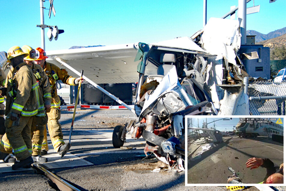 Officers pull pilot from plane crash moments before it's rammed by a train