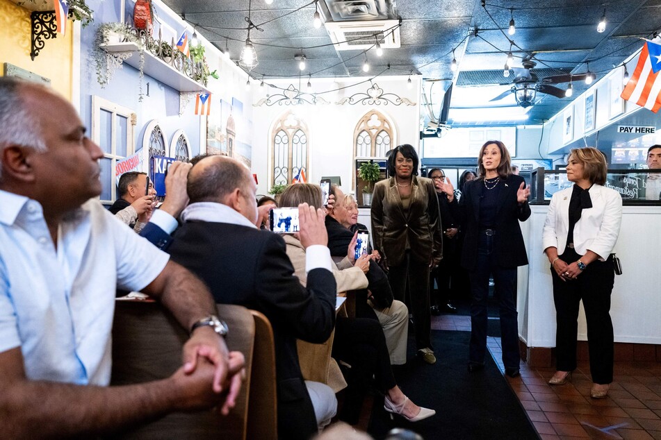 US Vice President and Democratic presidential candidate Kamala Harris campaigns at Freddy & Tony's Restaurant, a Puerto Rican restaurant, in Philadelphia, Pennsylvania, on Sunday.