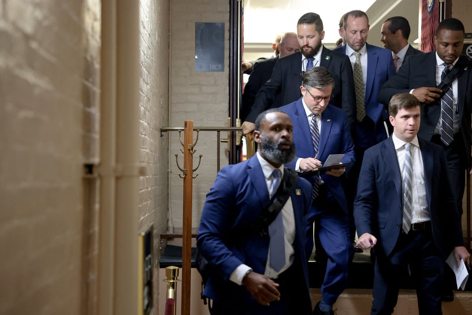 House Speaker Mike Johnson departs from a GOP meeting in the US Capitol Building on Tuesday.