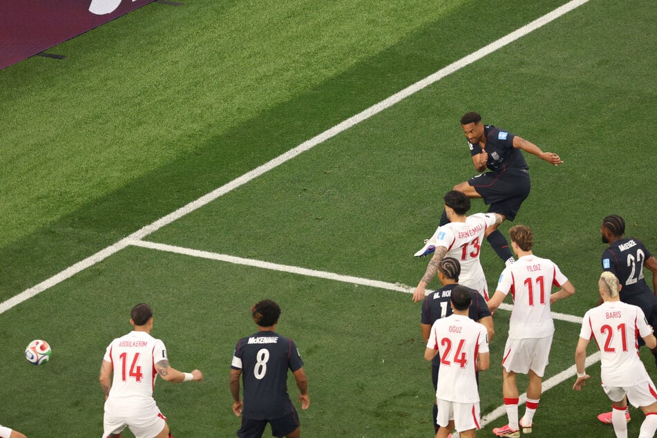 US defender #06 Auston Trusty scores his team's first goal during the 2026 World Cup Group D football match between Turkey and USA at the Los Angeles Stadium in Inglewood on Thursday.