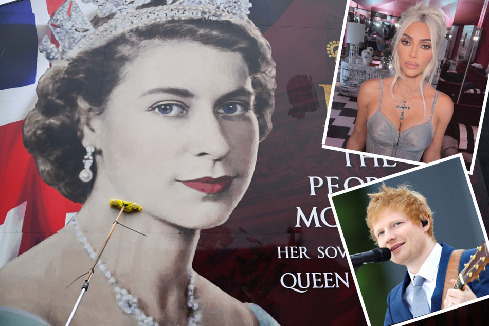 Celebrities like Kim Kardashian (inset top r.) and Ed Sheeran (inset bottom r.) were among those paying tribute to the late Queen Elizabeth II.