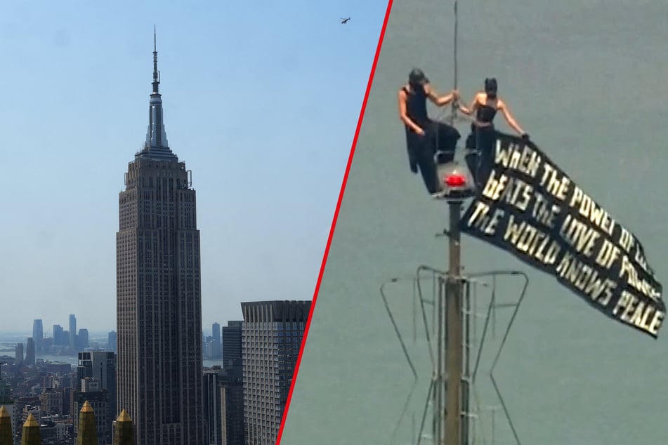 Daredevil couple climbs to top of Empire State Building – and seemingly gets engaged