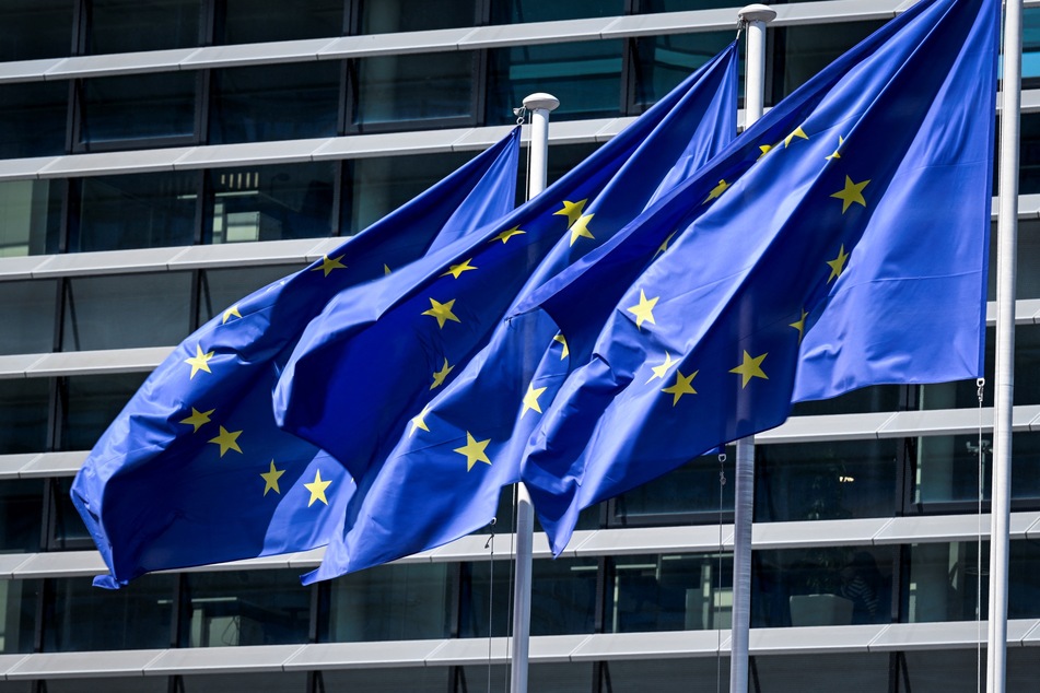 European flags flap in the breeze in front of the headquarters of the European Parliament in Strasbourg, France.