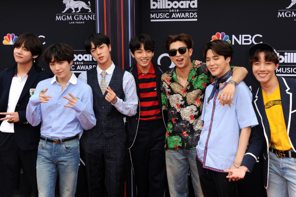 BTS poses on the red carpet at the 2018 Billboard Music Awards in Las Vegas.