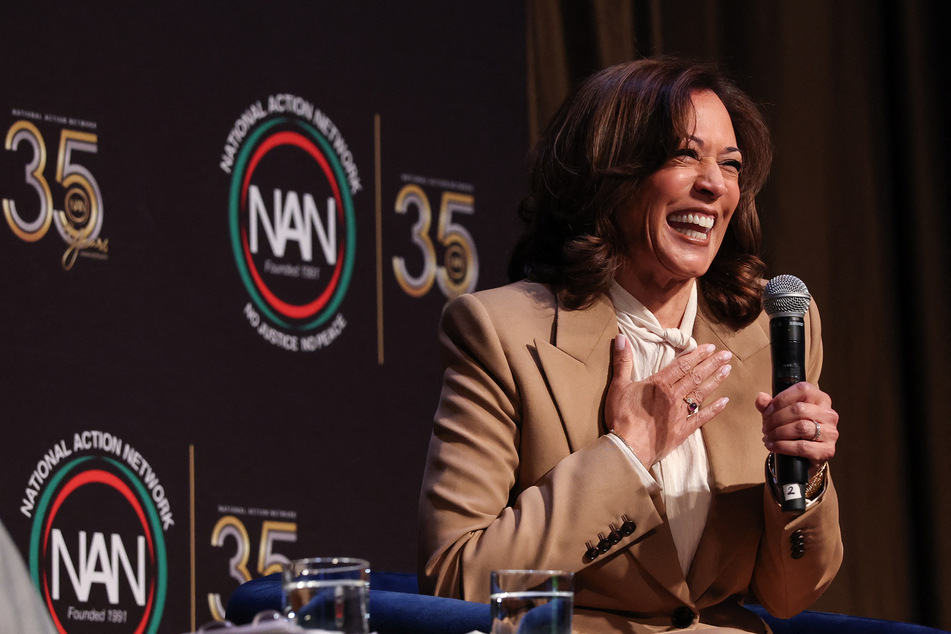 Former US Vice President Kamala Harris speaks at the National Action Network (NAN) convention in New York on Friday.