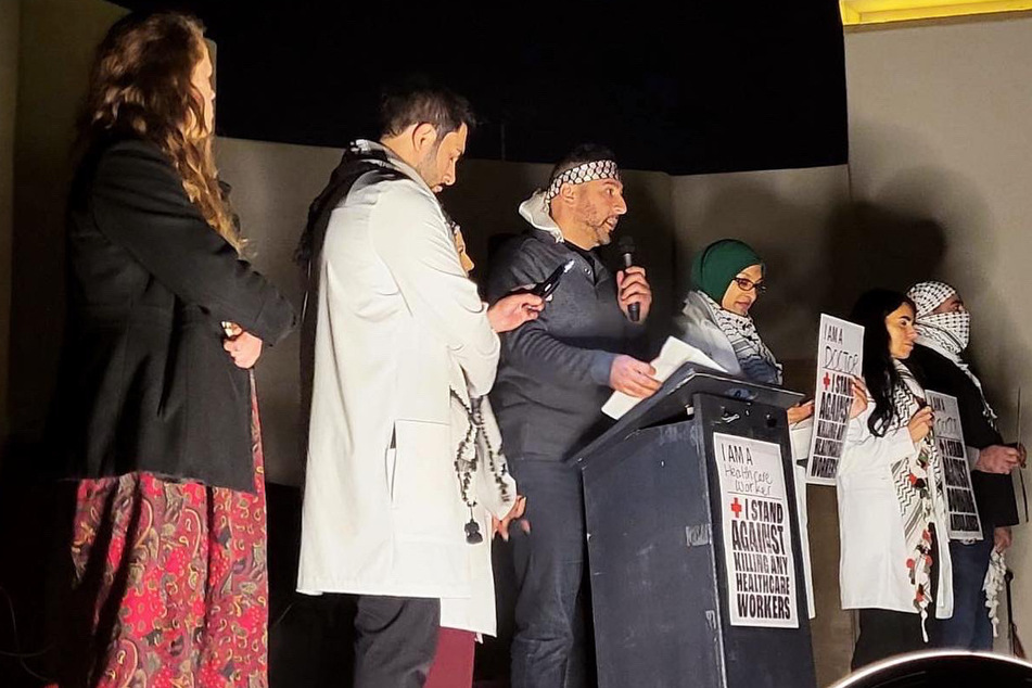 Health care workers rally in Phoenix, Arizona, for a permanent ceasefire in Gaza and an end to Israeli genocide on December 3, 2023.