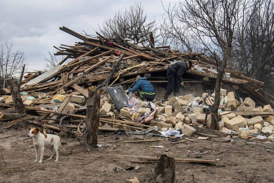 The damage done by a Russian airstrike in the village of Kukhari, near Kyiv.