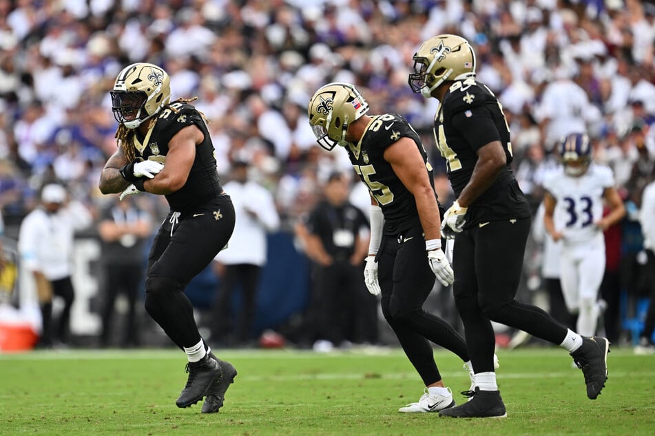 New Orleans Saints defensive end Chase Young celebrates a sack in the second half against the Baltimore Ravens at M&T Bank Stadium.