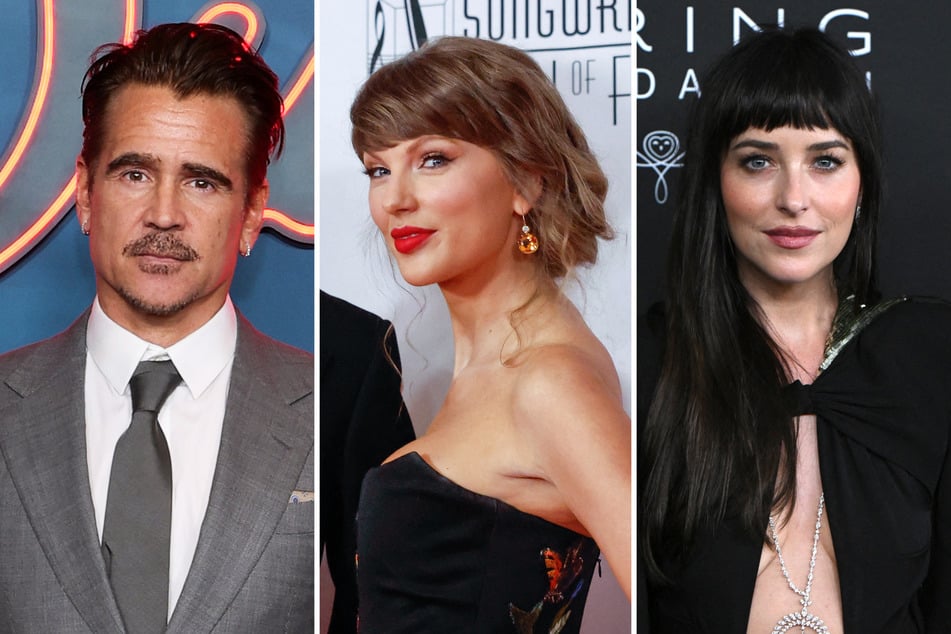 Taylor Swift (c.) has tapped Colin Farrell (l.) and Dakota Johnson to star in the video for her new single, Patient Zero. The video will debut during Sunday's MTV Video Music Awards.