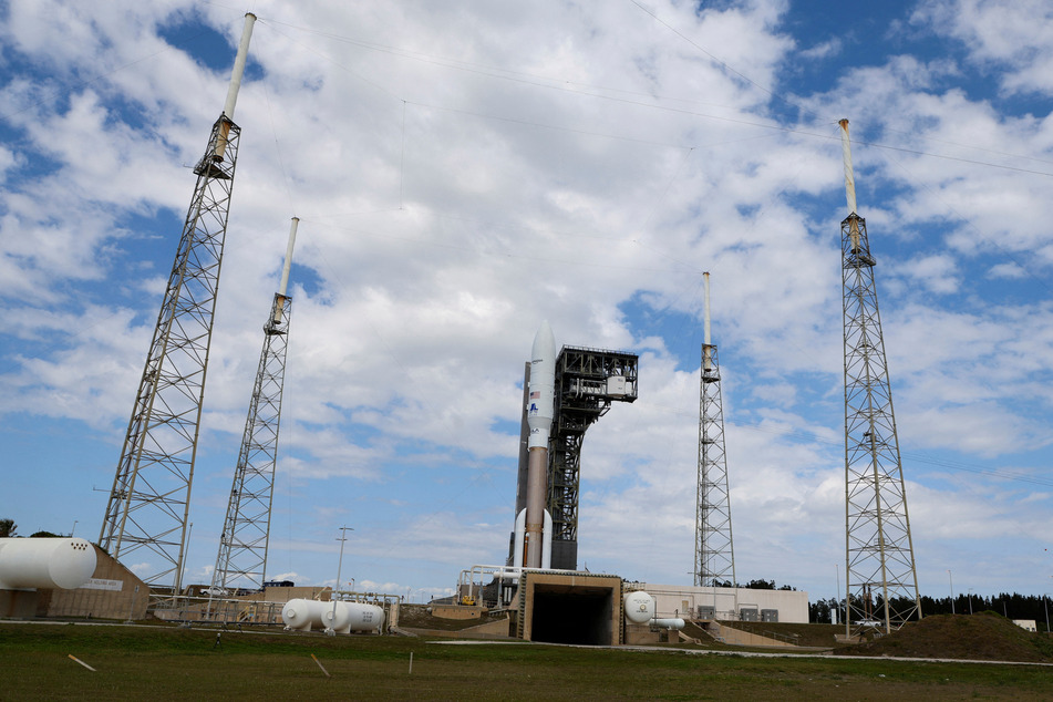 A United Launch Alliance Atlas V rocket is on the launch pad carrying Amazon's Project Kuiper internet network satellites at the Cape Canaveral Space Force Station in Florida.