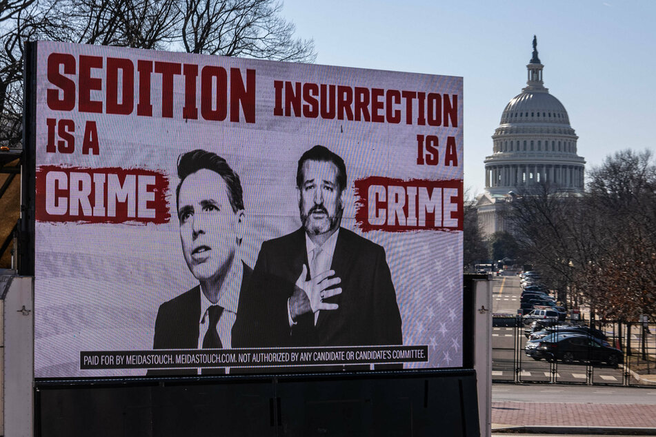 Political ads targeting Senators Josh Hawley and Ted Cruz, who are also being accused of having stoked the attack.