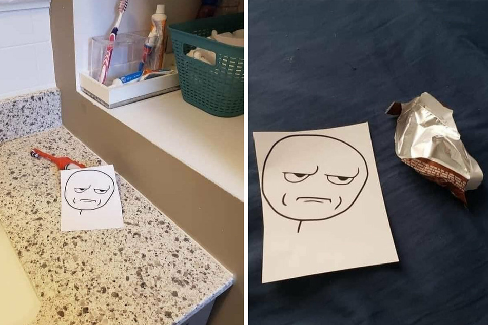 The picture makes it clear: toothbrushes should be put away (l.), and empty wrappers should be trashed!