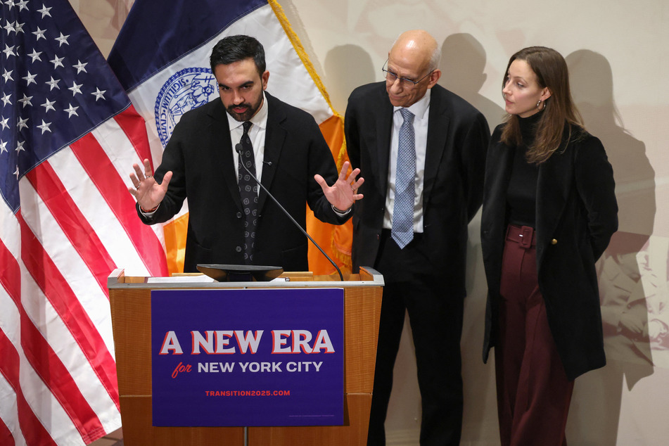 New York City Mayor-elect Zohran Mamdani (l.) names Dean Fuleihan (c.) as his first deputy mayor and Elle Bisgaard-Church as his chief of staff during a press conference at the Roosevelt House Public Policy Institute at Hunter College on November 10, 2025.