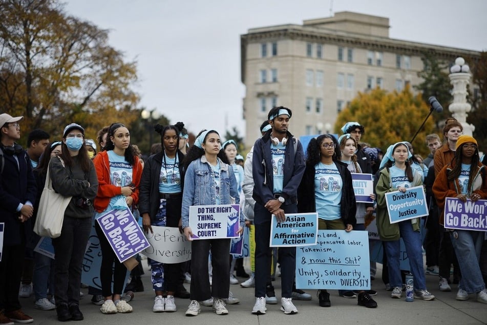 Proponents of affirmative action in higher education rally in front of the US Supreme Court in Washington DC.