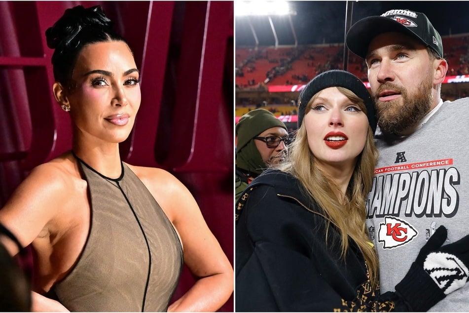 Kim Kardashian (l.) has reportedly been banned from Taylor Swift's wedding to Travis Kelce (r).
