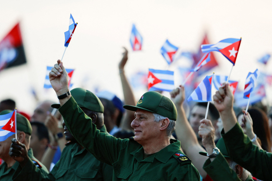 Cuba's President Miguel Diaz-Canel attends a government rally in Havana called to protest US policies toward the island on May 22, 2026.