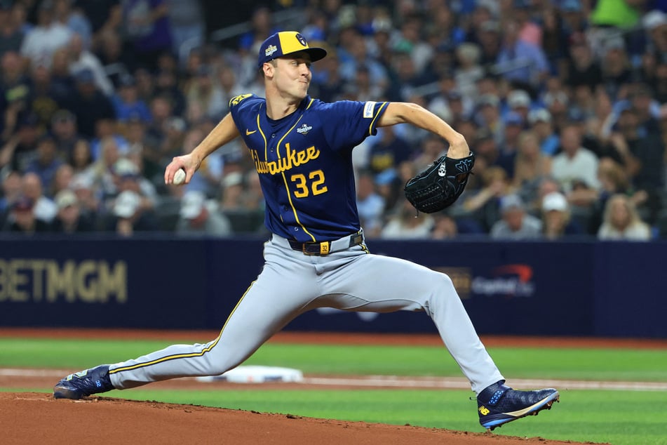 Milwaukee Brewers pitcher Jacob Misiorowski throws a pitch against the Tampa Bay Rays during the first inning in game five of the 2026 World Series at Tropicana Field.