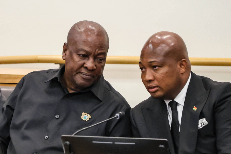 President John Dramani Mahama speaks with Ghana's Minister for Foreign Affairs Samuel Okudzeto Ablakwa at the United Nations in New York on March 24, 2026.