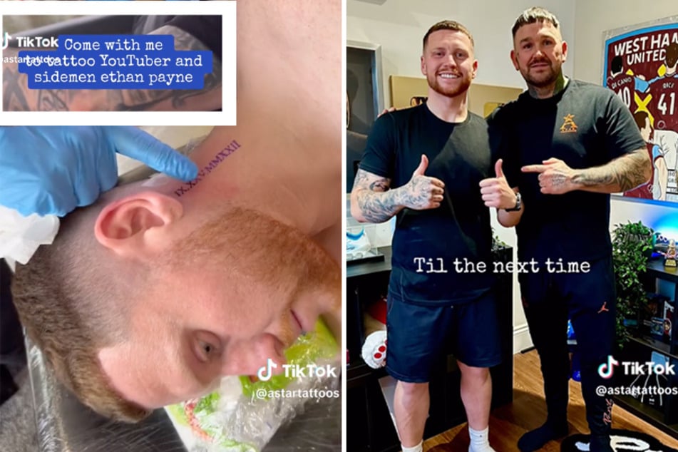 Tattoo artist Dan (r.) with A Star Tattoos inks YouTuber Ethan Payne aka Behzinga.