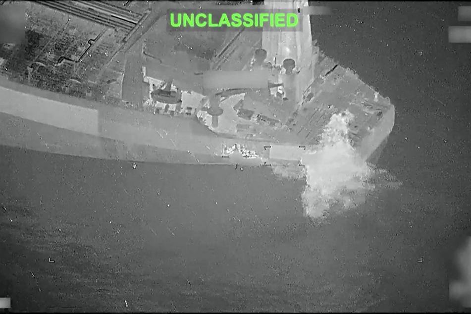 A screenshot from a video released by US Central Command on June 2, 2026, shows what the US military says is a missile strike by American forces on the Botswana-flagged M/T Lexie, an unladen oil tanker attempting to sail to an Iranian port in violation of an American blockade.