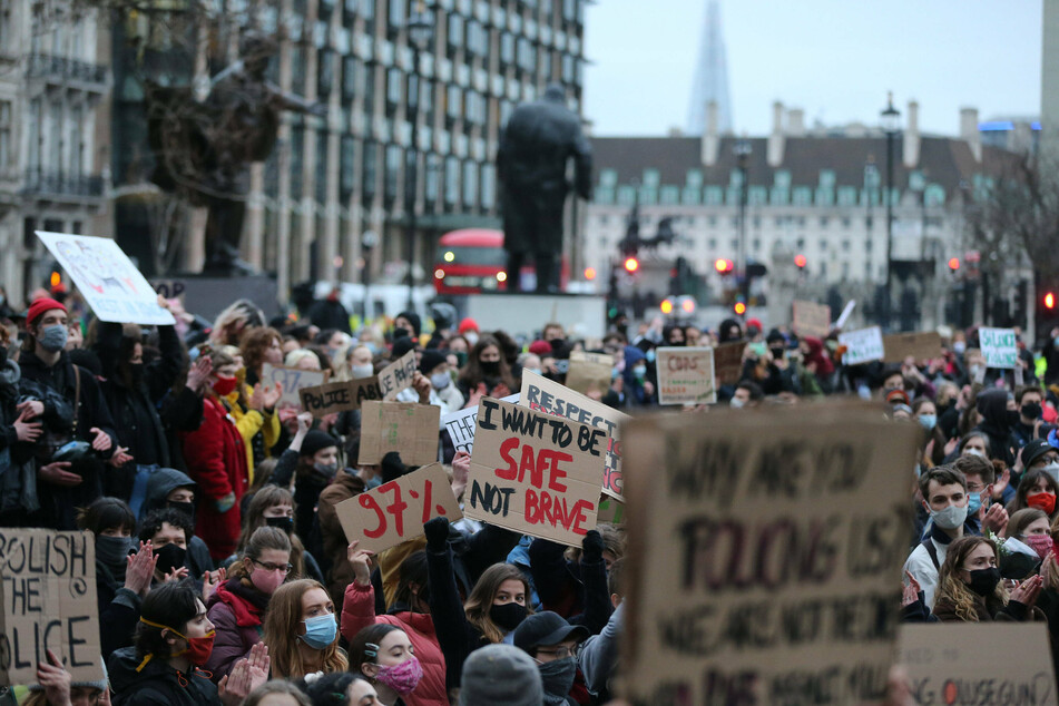 Protesters rallied outside Scotland Yard for Sarah Everard who was kidnapped and murdered last week in the UK.