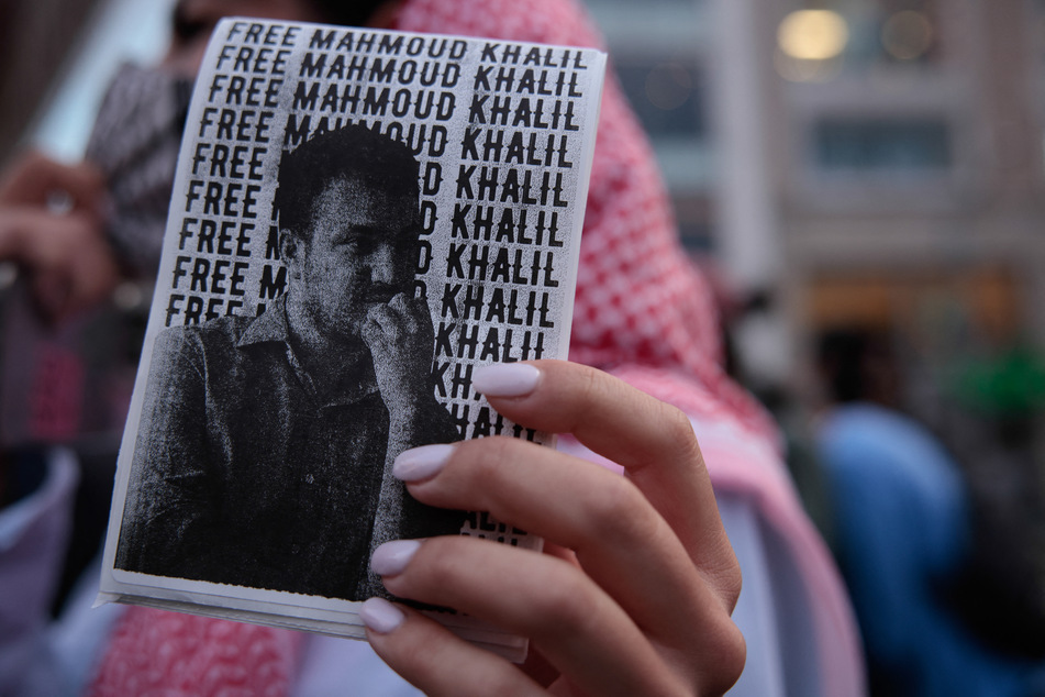 A demonstrator holds a "Free Mahmoud Khalil" sign on the 77th anniversary of the Nakba in New York City's Union Square Park on May 15, 2025.