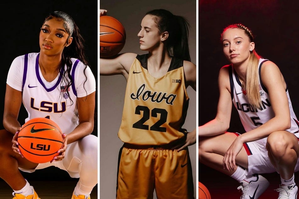 Angel Reese of LSU (l), Caitlin Clark of Iowa (c), and Paige Bueckers of UConn (r) are set to headline an epic battle for supremacy on the basketball court.