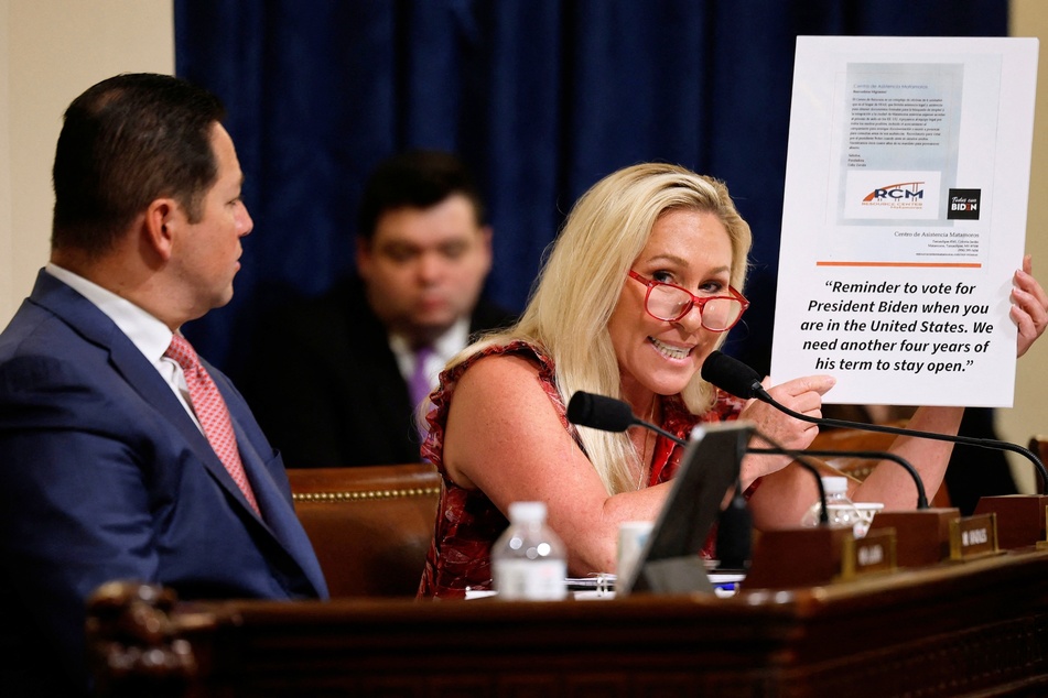 Rep. Marjorie Taylor Greene questioning Homeland Security Secretary Alejandro Mayorkas during a hearing in Washington DC on April 16, 2024.