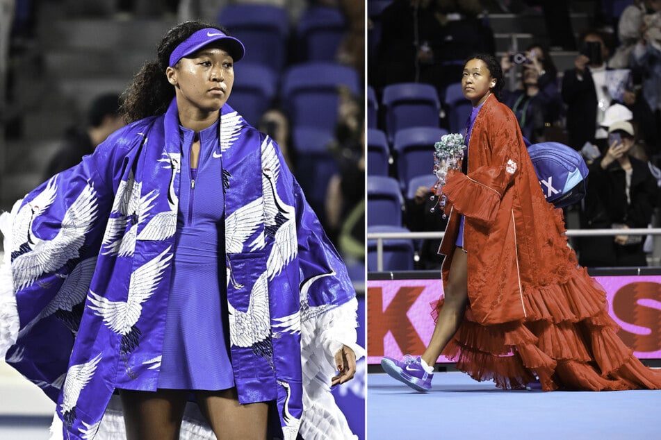 Naomi Osaka wore a blue crane-pattern outfit (l.) in her opening match and a red kimono-style gown (r.) in her second. 