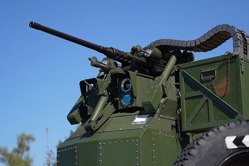 This photo shows the artificial intelligence-enabled robot gun, designed to intercept the new Russian jet-powered drones pounding the Ukrainian capital, amid the Russian invasion of Ukraine. President Volodymyr Zelensky on Monday accused Russia of a drone strike on a civilian vessel in the Black Sea. 
