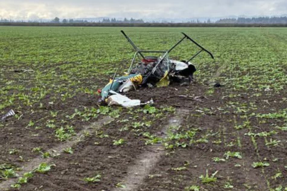 Debris from one of the helicopters is pictured after the midair collision near McMinnville, Oregon.