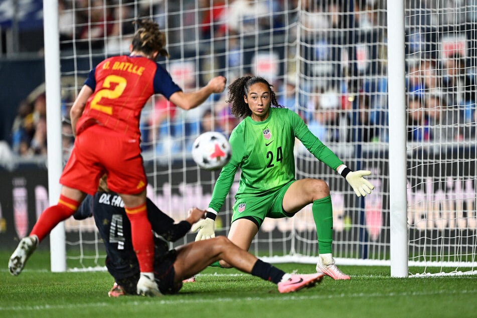 Phallon Tullis-Joyce of US makes a save during the international friendly match against Spain at Subaru Park on October 13, 2026.