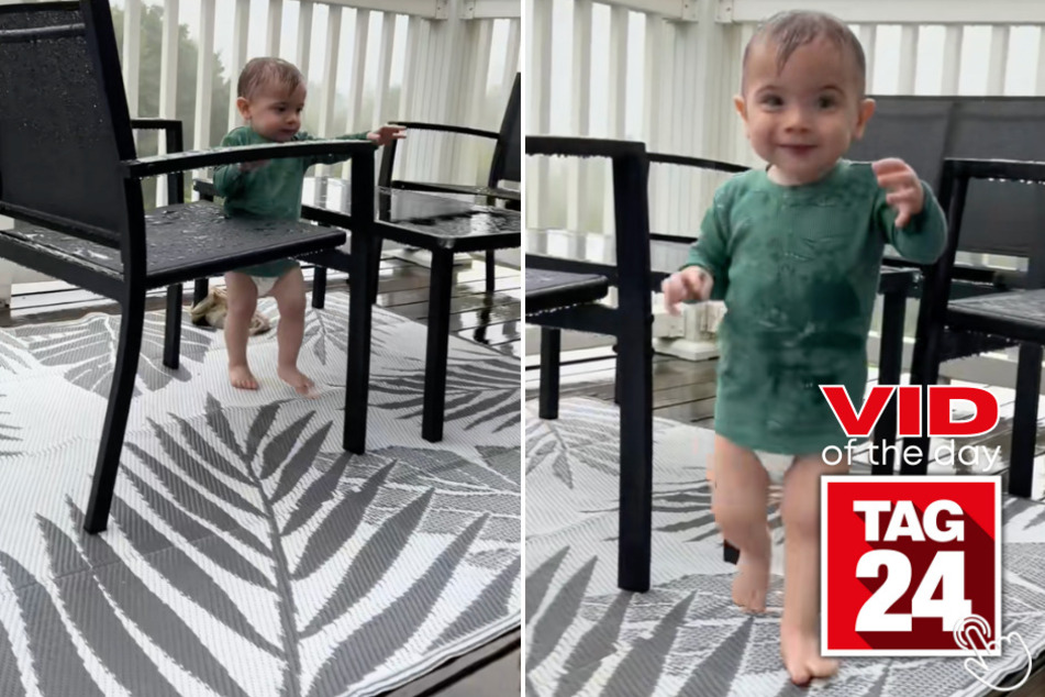 This toddler took an epic tumble after playing in the rain on his balcony!