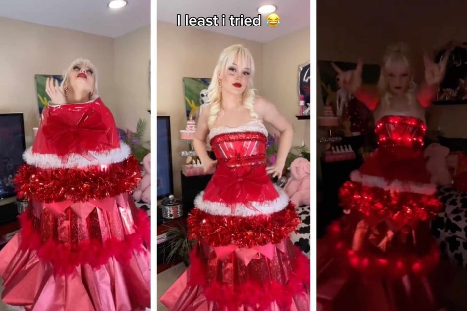 TikToker MUAWK's final dress was a full-on ball gown made of wrapping paper that she struggled to get over her head.