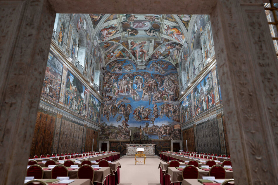 The interior of the Sistine Chapel is pictured on May 6, 2025, ahead of the conclave to elect the next pope at the Vatican.