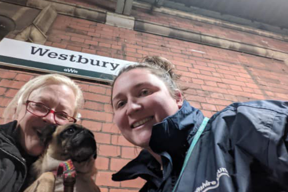 Fortunately, Pugsie and her owner Miranda Holman Robertson (r.) were quickly reunited after her train trip.