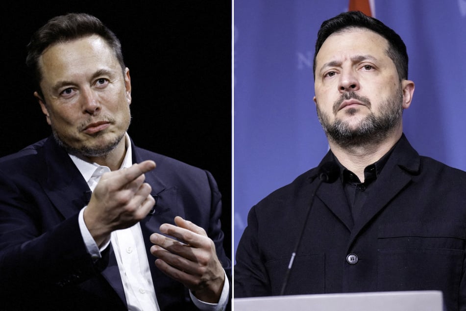 Elon Musk (l.) reportedly ordered a reduction in Starshield services for Ukraine, which is led by President Volodymyr Zelensky (r.).