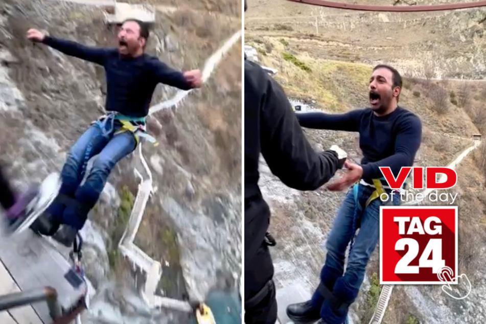 Viral Video of the Day for October 22, 2023: Bungee jumper pretends to be kicked off cliff in viral video