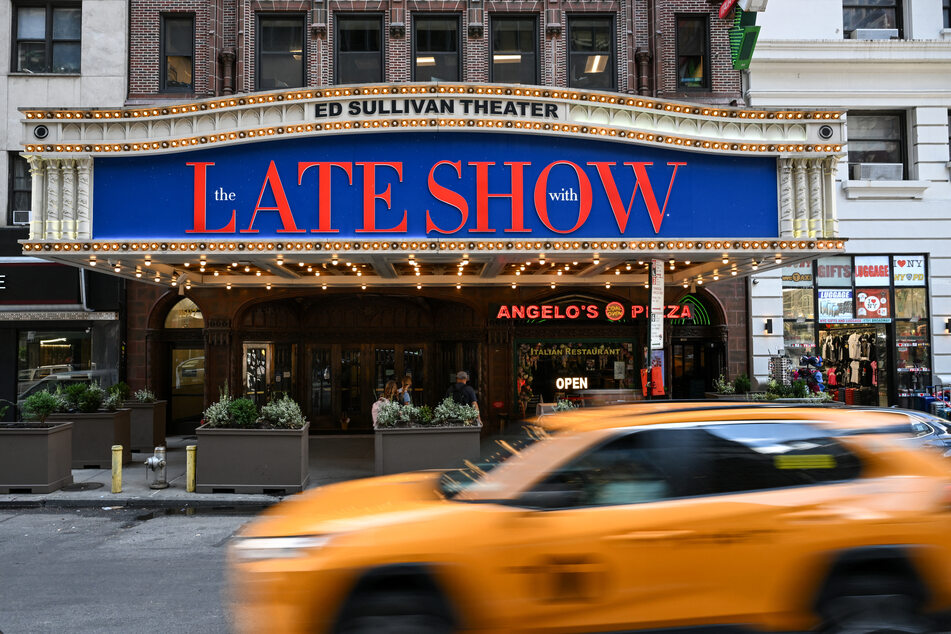 A marquee featuring The Late Show with Stephen Colbert is seen outside the Ed Sullivan Theater, where Colbert's show is produced, in New York City on July 18, 2025.