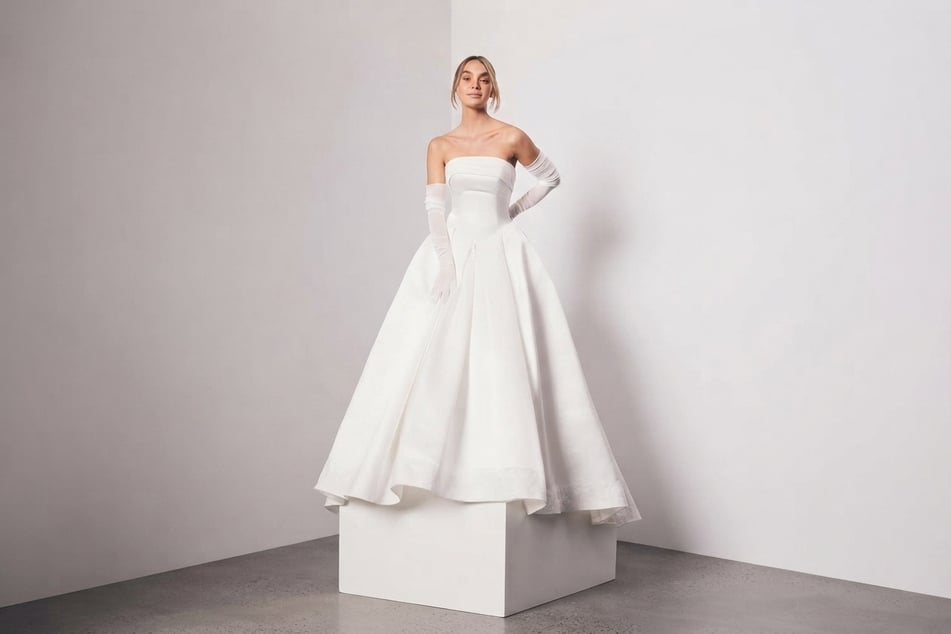 Vera Wang Satin Basque Waist Ball Gown with Lace Hem
