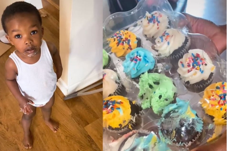 Little TJ (2) insisted he was innocent, despite being covered in icing (collage).