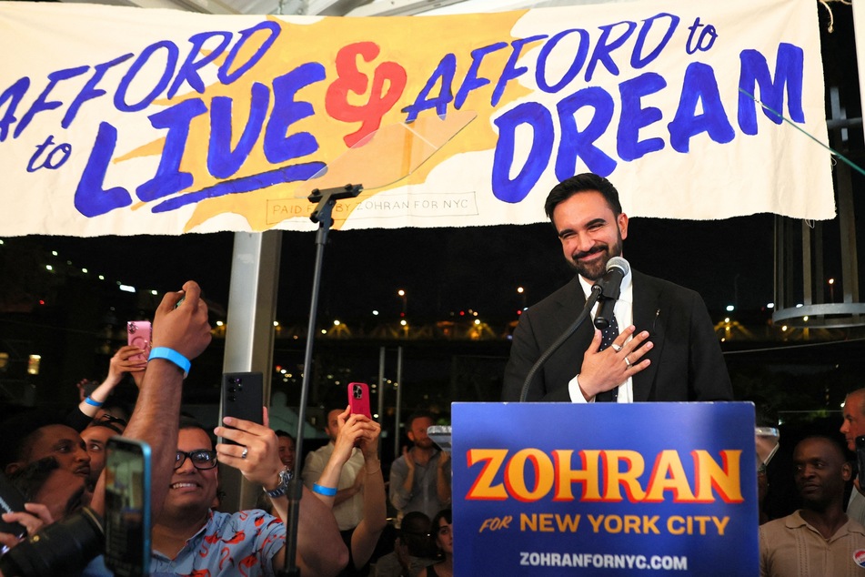 Zohran Mamdani speaks to supporters during an election night gathering at The Greats of Craft LIC in Long Island City, NYC on June 24, 2025.