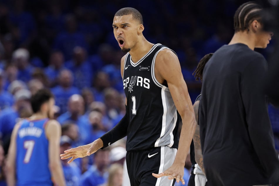 Victor Wembanyama reacts in the fourth quarter against the Oklahoma City Thunder during game seven of the Western Conference Finals.