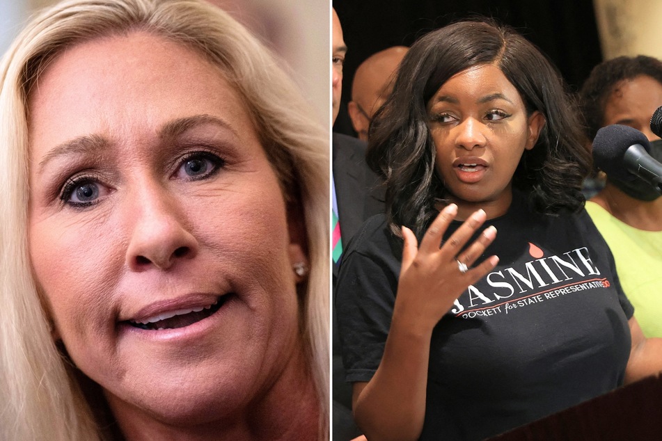 Texas Congresswoman Jasmine Crockett (r.) recently launched a clothing line to commemorate her recent feud with her colleague Marjorie Taylor Greene.