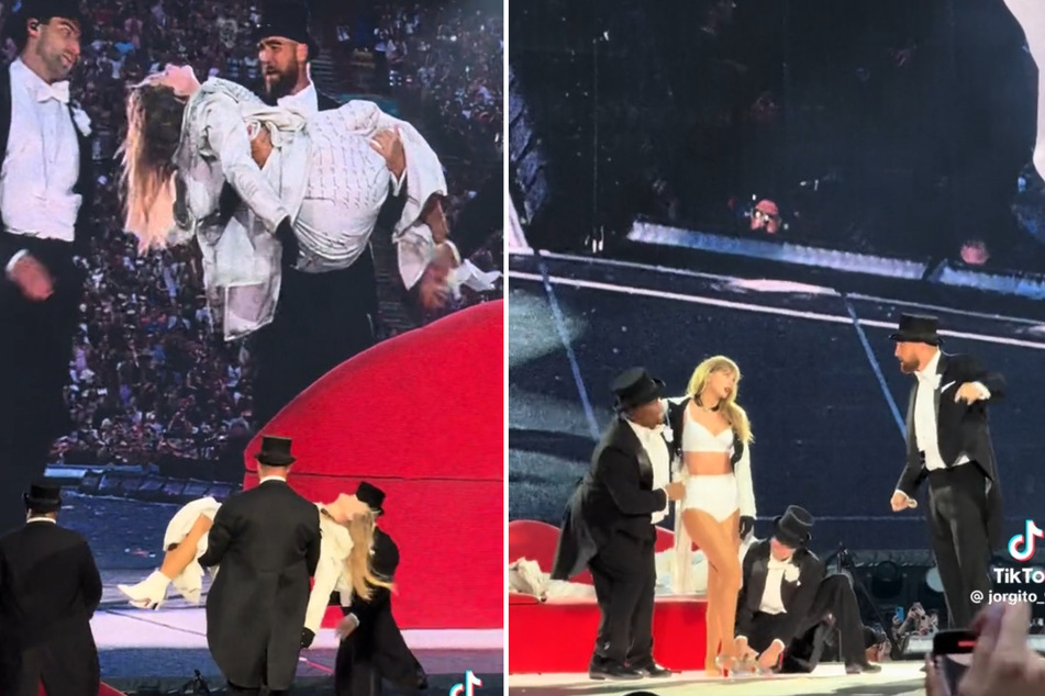 Travis Kelce (r.) shocked fans by coming on stage at The Eras Tour in London.